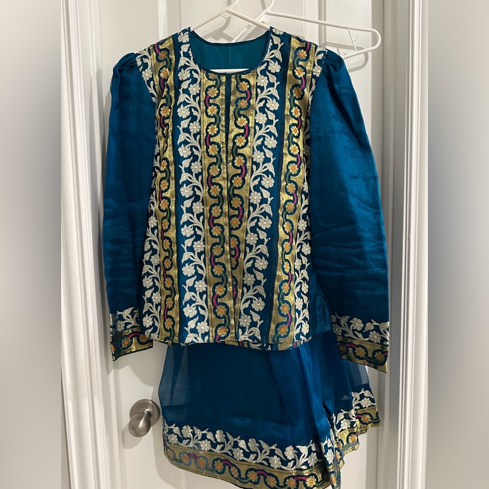 Classy blue/gold long sleeve top with lehenga skirt bottom